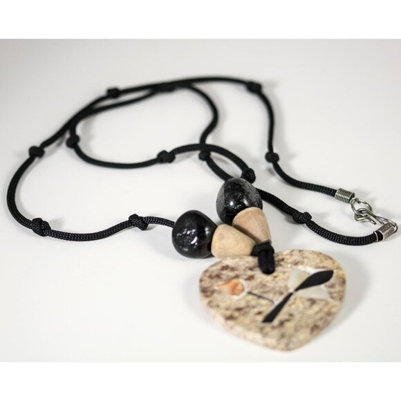 Heart Shaped Stone Pendant w/MOP & Shell Inlays on 32" Knotted Nylon Cord - Picture 3 of 5